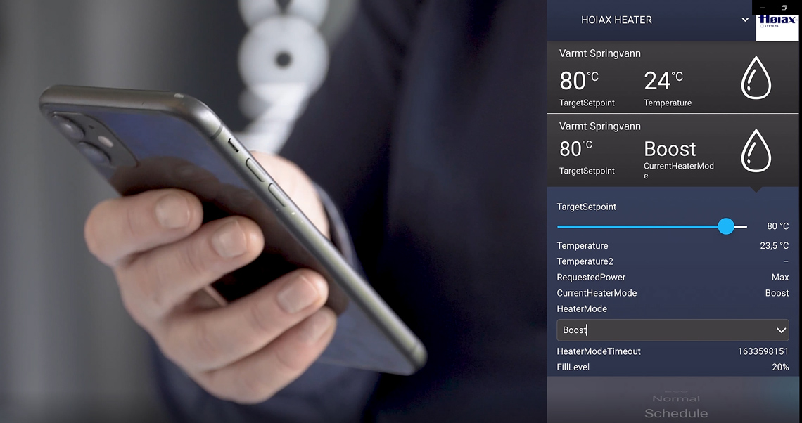 En varmtvannsbereder (VVB) med skyløsning og smarthussystemer